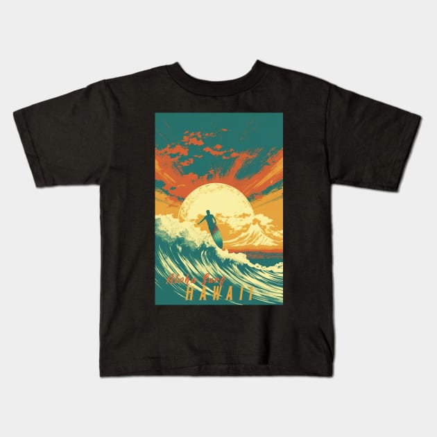 Hawaii Vintage Retro Travel Poster Kids T-Shirt by GreenMary Design